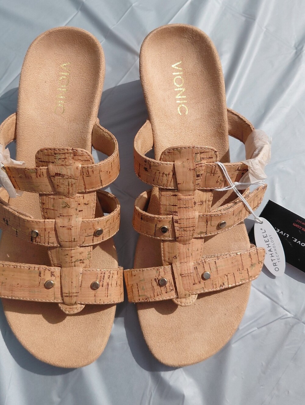 NWT Sz 9 Vionic Orthaheel Park Radia Adjustable Straps Wedge Slides Gold Cork - Picture 2 of 13
